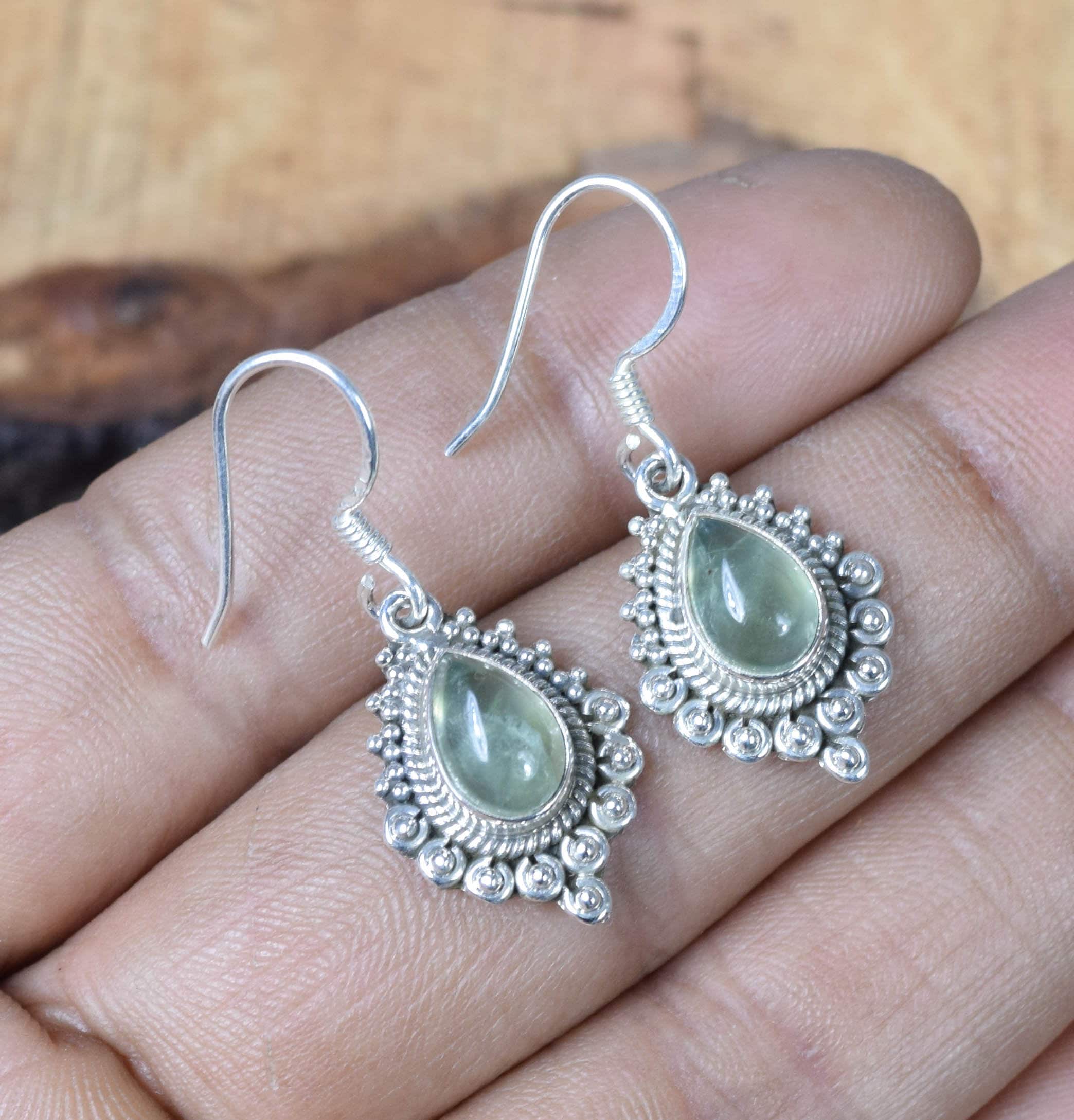 Green Prehnite Sterling Silver Hook Earrings: Handmade Designer Jewelry