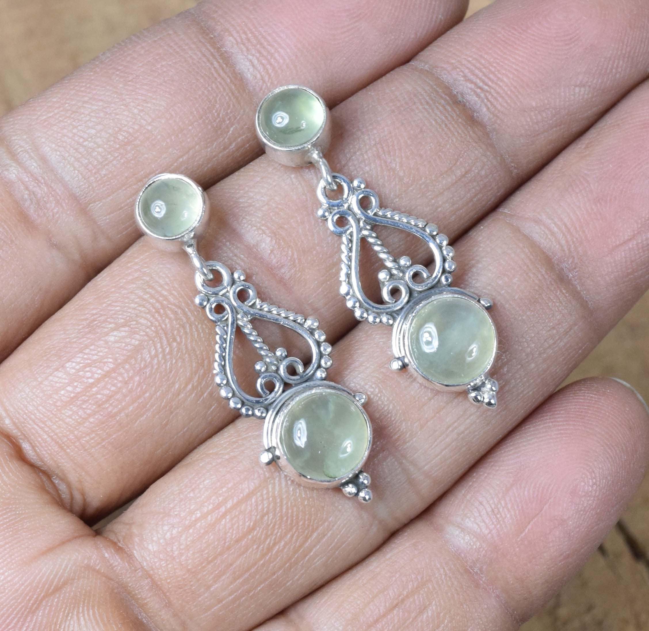 Green Prehnite Sterling Silver Stud Earrings: Handmade Designer Jewelry