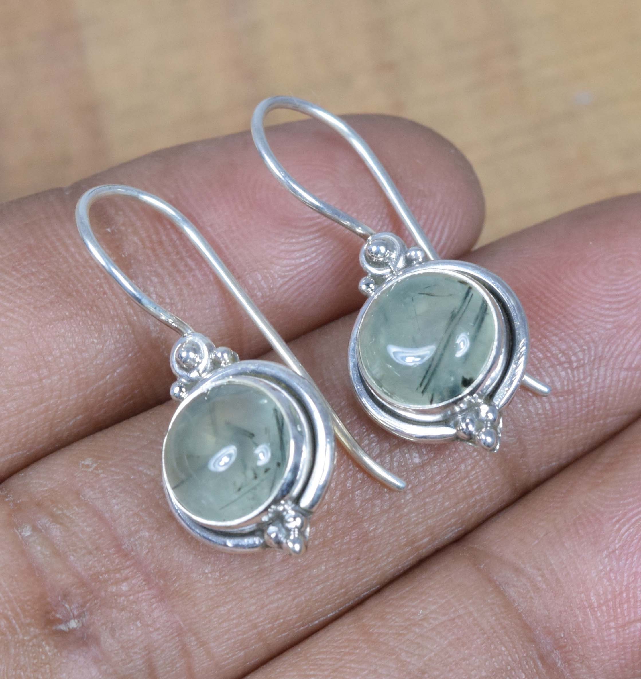 Green Prehnite Sterling Silver Earrings, Handmade Gemstone Jewelry