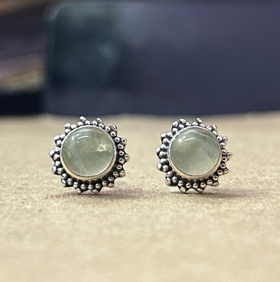 Green Prehnite Stud Earrings: 925 Sterling Silver