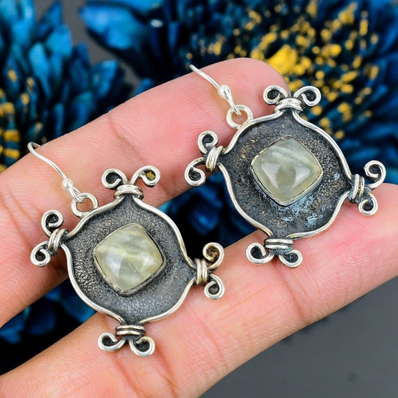 Handmade Prehnite Sterling Silver Earrings: Green Gemstone Dangle