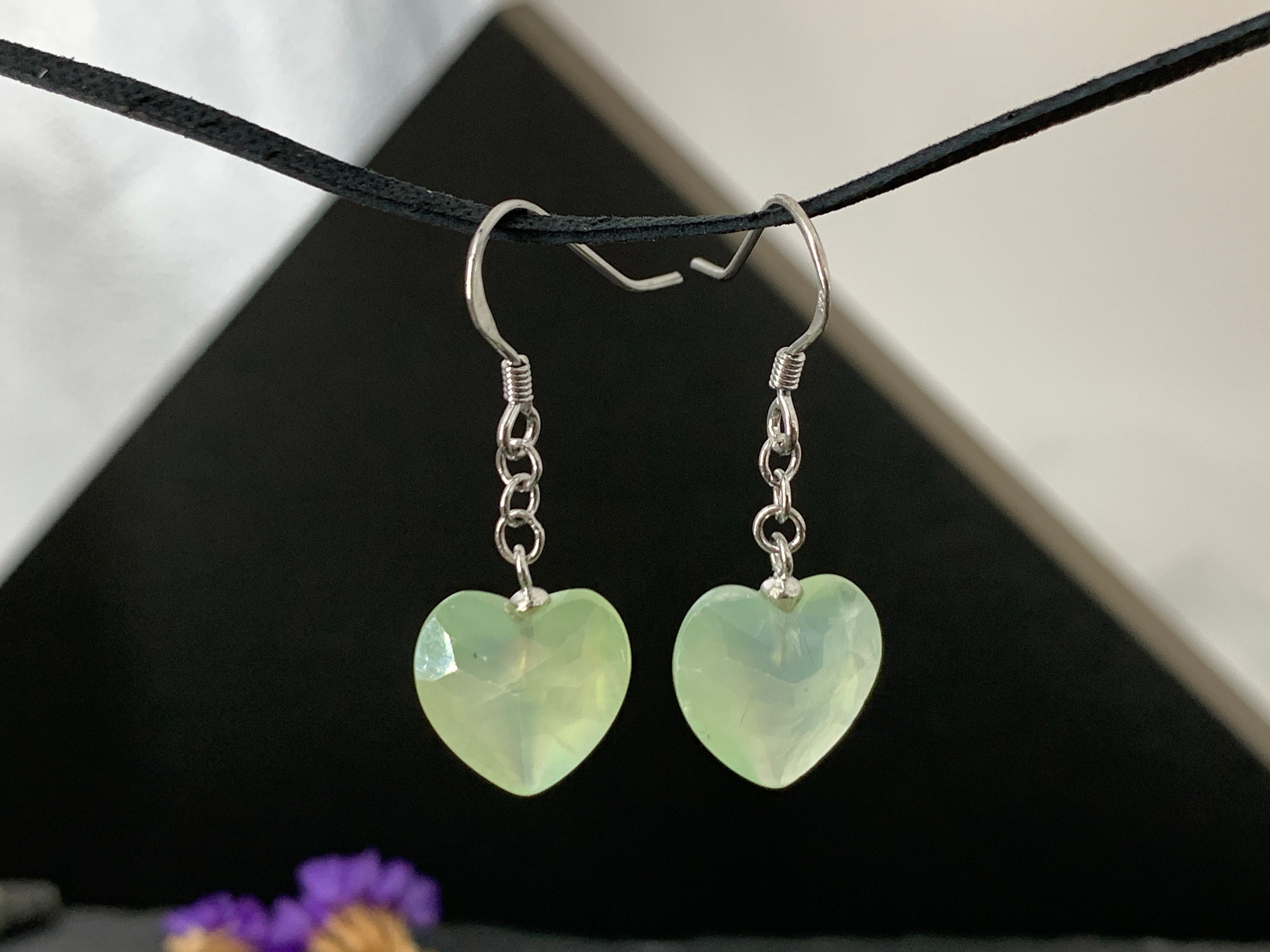 Prehnite Heart Earrings Sterling Silver (light Green Gemstone)