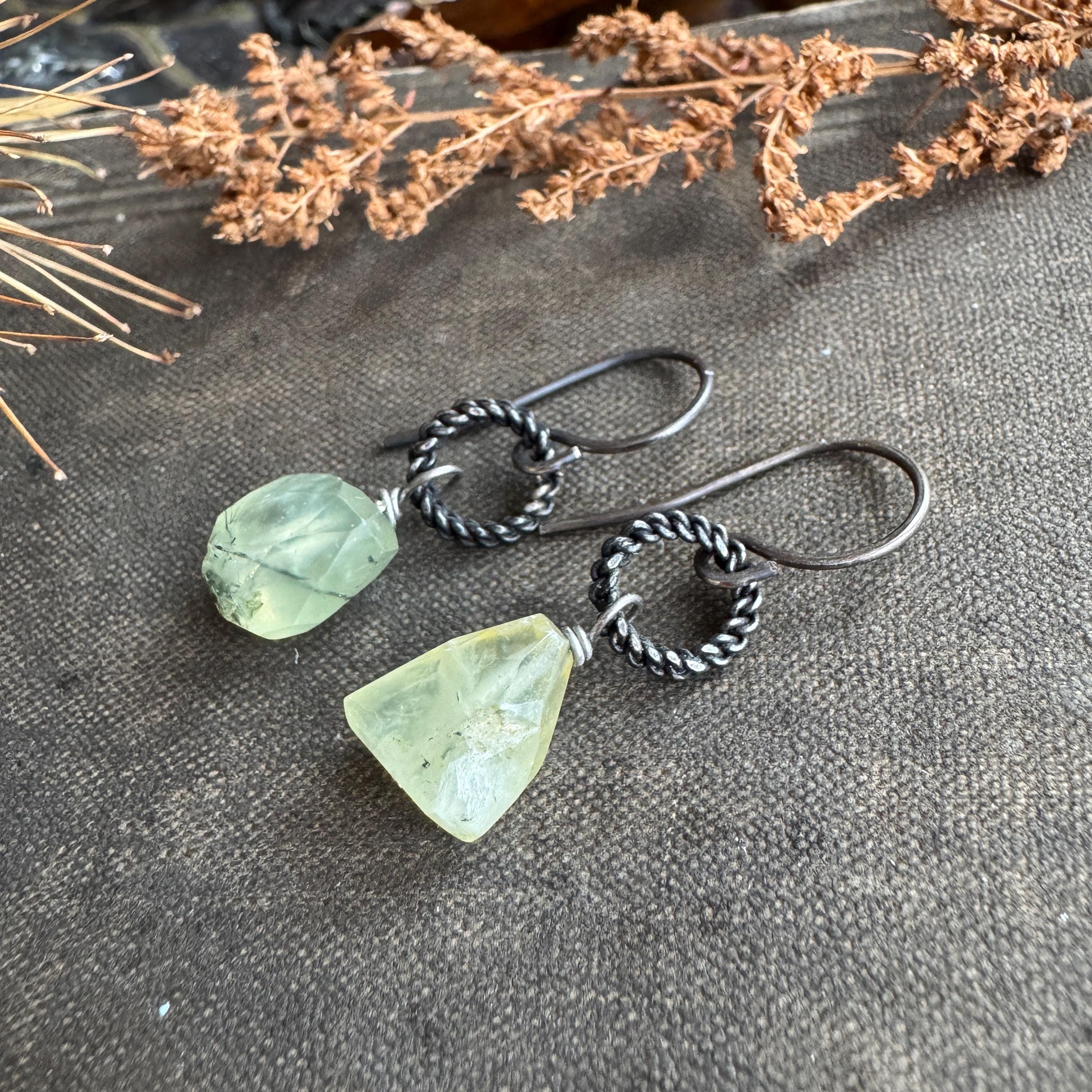 Prehnite Earrings, Light Green Gemstone On Oxidized Sterling Silver