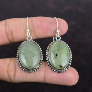 Moss Prehnite 925 Sterling Silver Earrings - Handmade Vintage Style