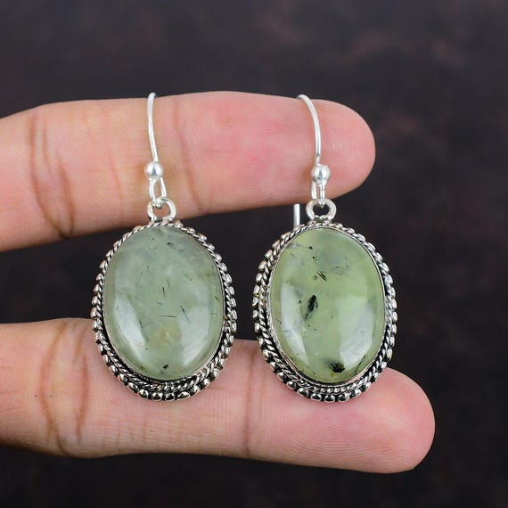 Moss Prehnite 925 Sterling Silver Earrings - Handmade Vintage Style Moss Prehnite 925 Sterling Silver Earrings - Handmade Vintage Style