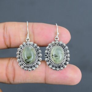 Moss Prehnite 925 Sterling Silver Earrings - Handmade Vintage Jewelry
