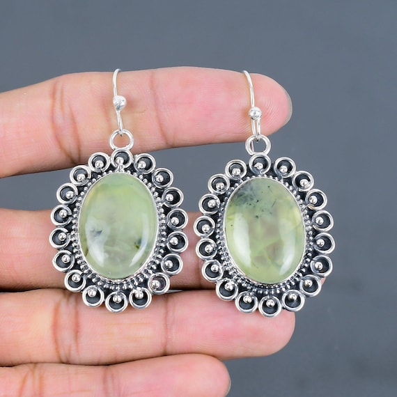 Moss Prehnite Dangle Earrings: 925 Sterling Silver, Handmade Jewelry