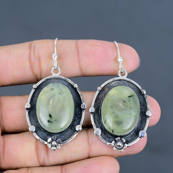 Moss Prehnite Dangle Earrings: Handmade 925 Sterling Silver Jewelry