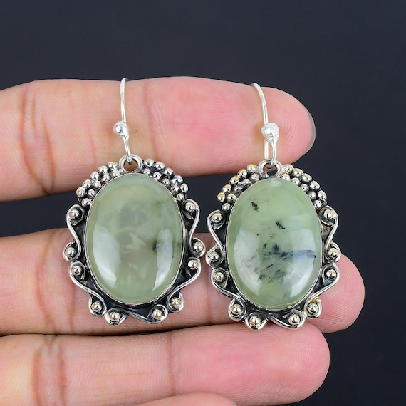 Moss Prehnite Earrings: Handmade 925 Sterling Silver Dangle Jewelry