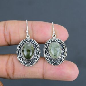 Moss Prehnite Earrings: Handmade 925 Sterling Silver, Vintage Style