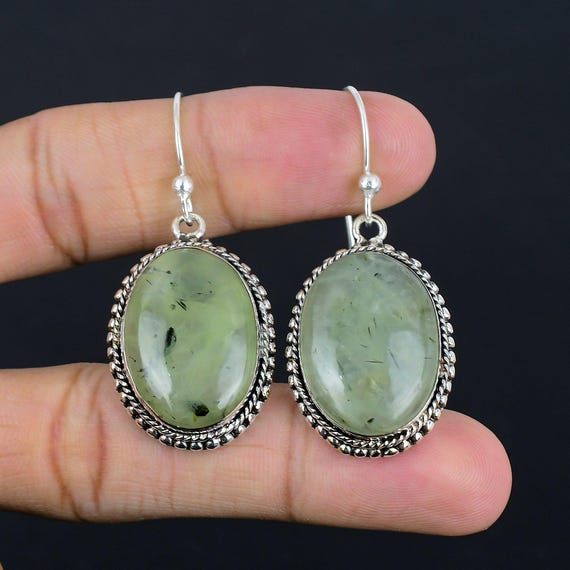 Moss Prehnite Earrings: Handmade Vintage 925 Sterling Silver Gemstone Jewelry