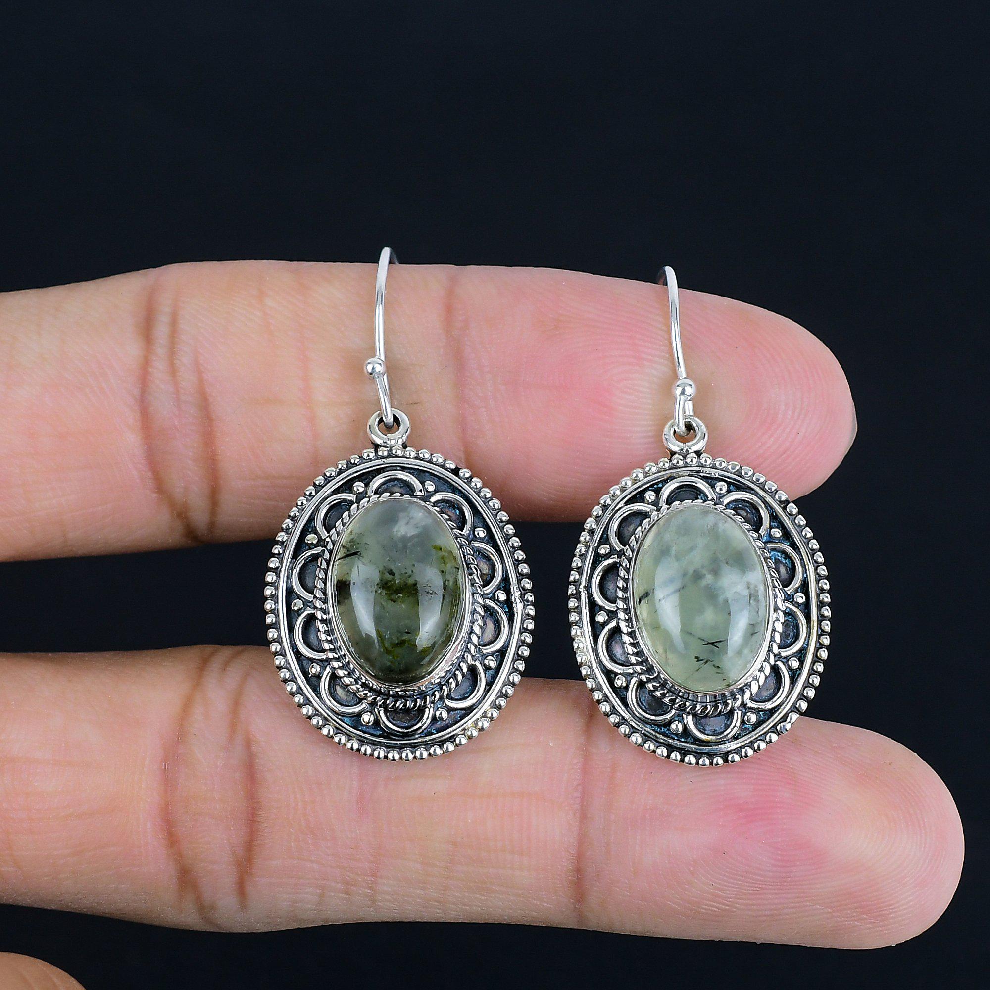 Moss Prehnite Sterling Silver Earrings: Handmade Vintage Jewelry