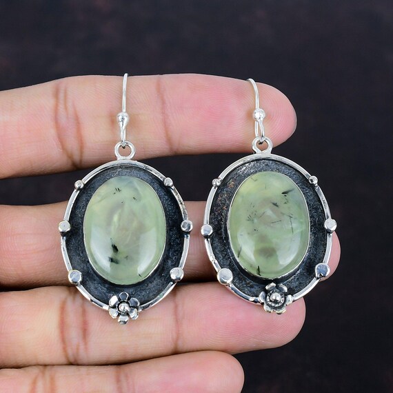 Moss Prehnite Sterling Silver Earrings: Handmade Antique Style Jewelry