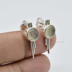 Natural Prehnite Stud Earrings: 925 Sterling Silver, 10mm Round