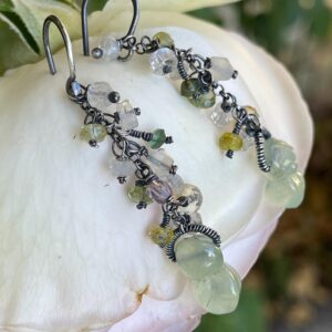 Prehnite, Nodules, Cascade Of Tiny Gems, Sterling Silver Earrings