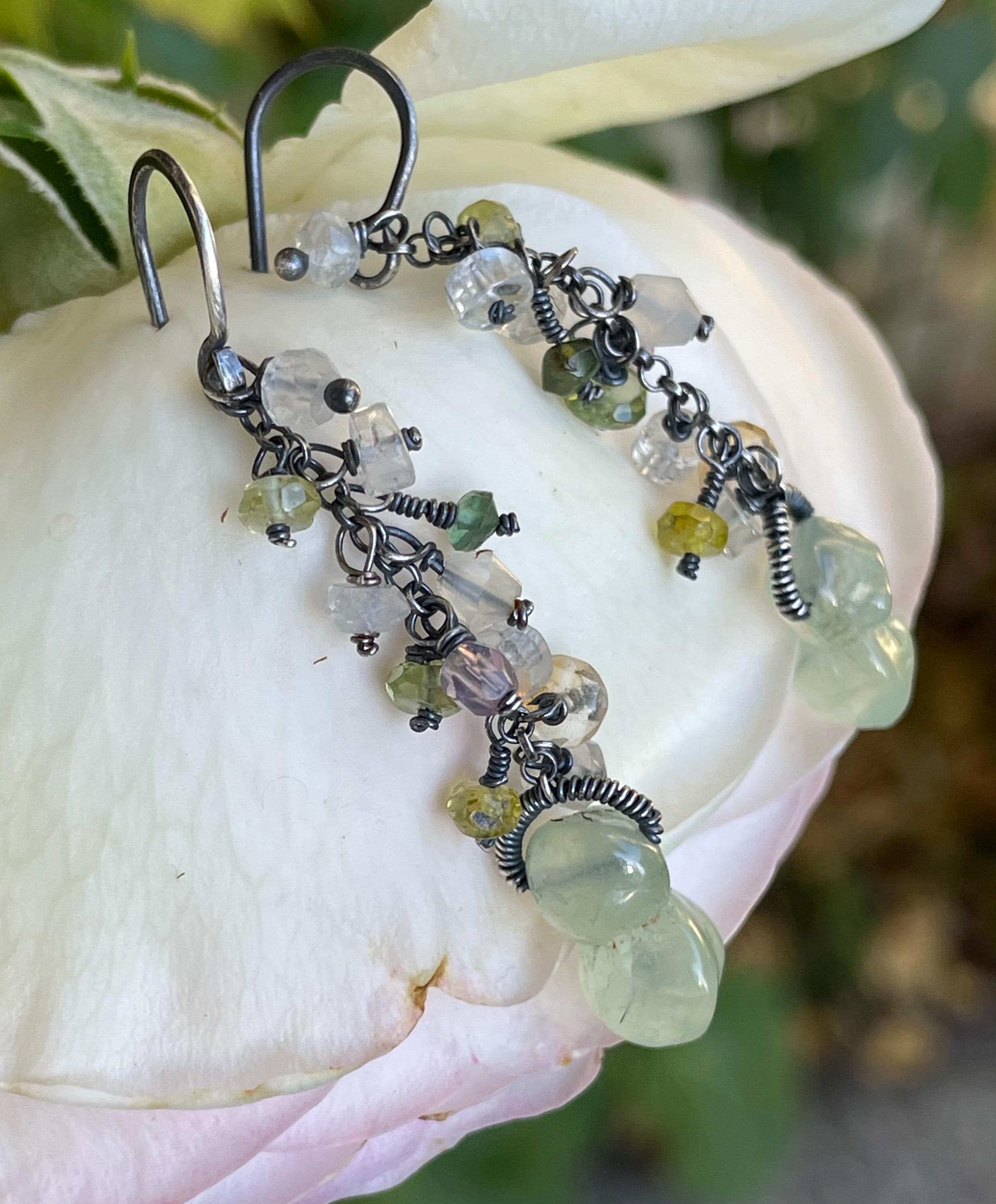 Prehnite, Nodules, Cascade Of Tiny Gems, Sterling Silver  Earrings