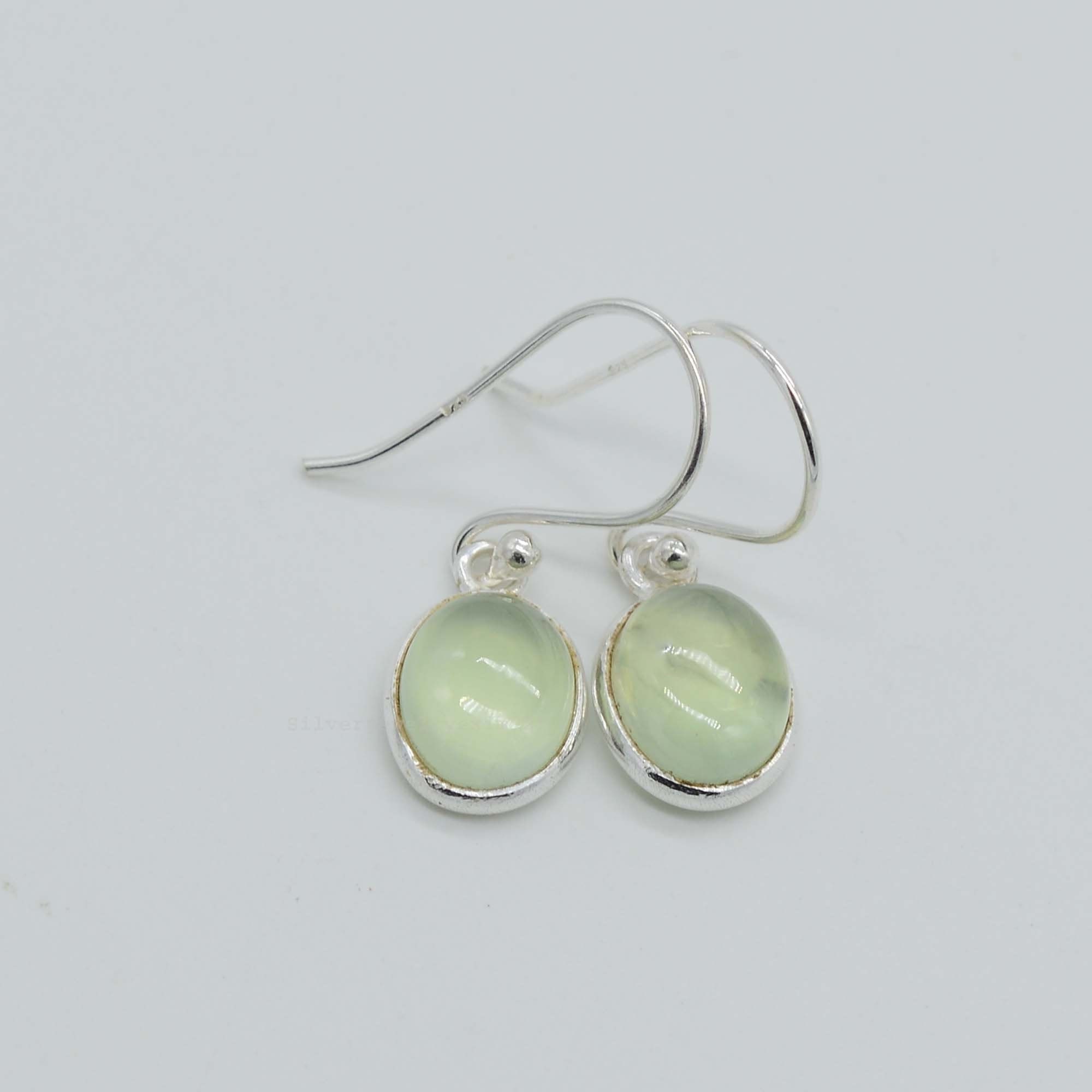 Oval Prehnite Earrings: Sterling Silver Dangle Drop Jewelry