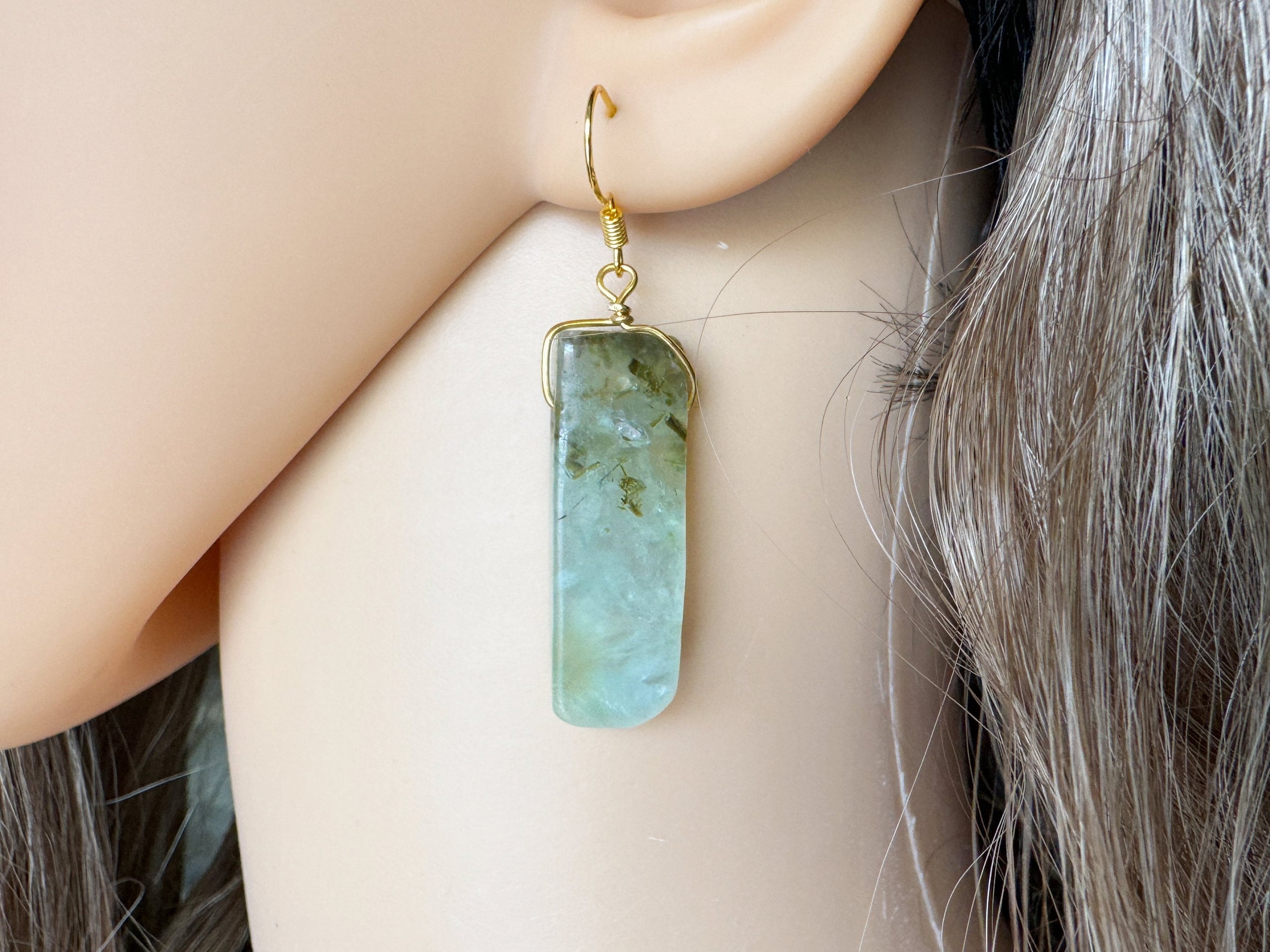 Raw Prehnite Crystal Dangle Earrings: Green Gemstone Jewelry