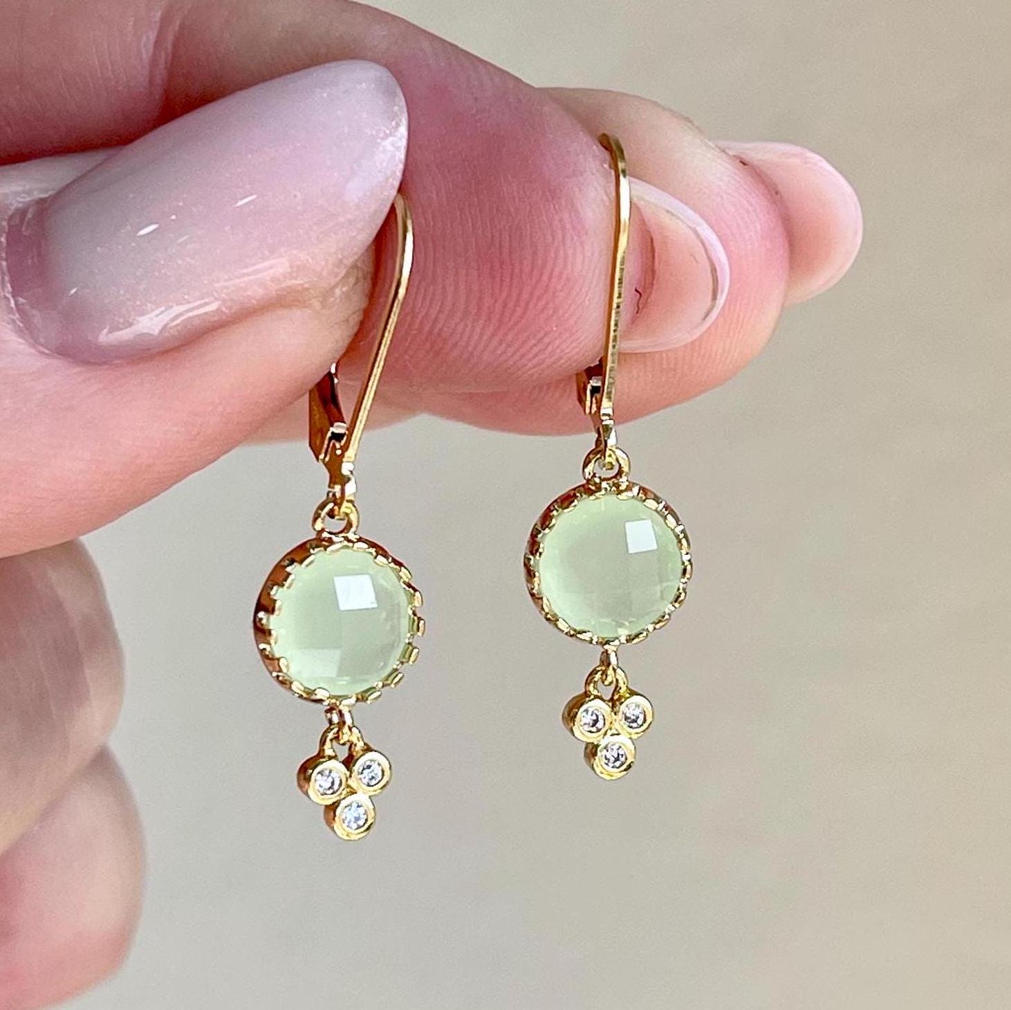 Prehnite Earrings, Round Shape Lime Pastel Green Earrings, Small Mint Color Dangle Drops Gold Or Silver, Summer Jewelry, Gift For Women