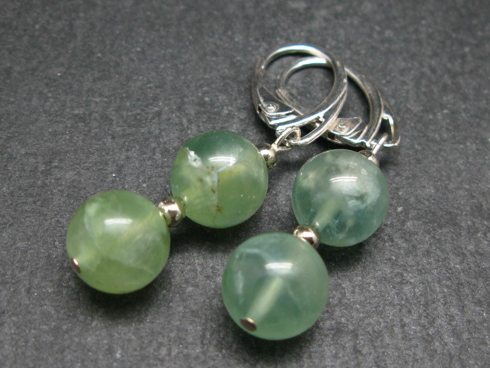 Simple Yet Vivaciously Lovely Prehnite 10mm Beads Dangle 925 Silver Leverback Earrings From Australia