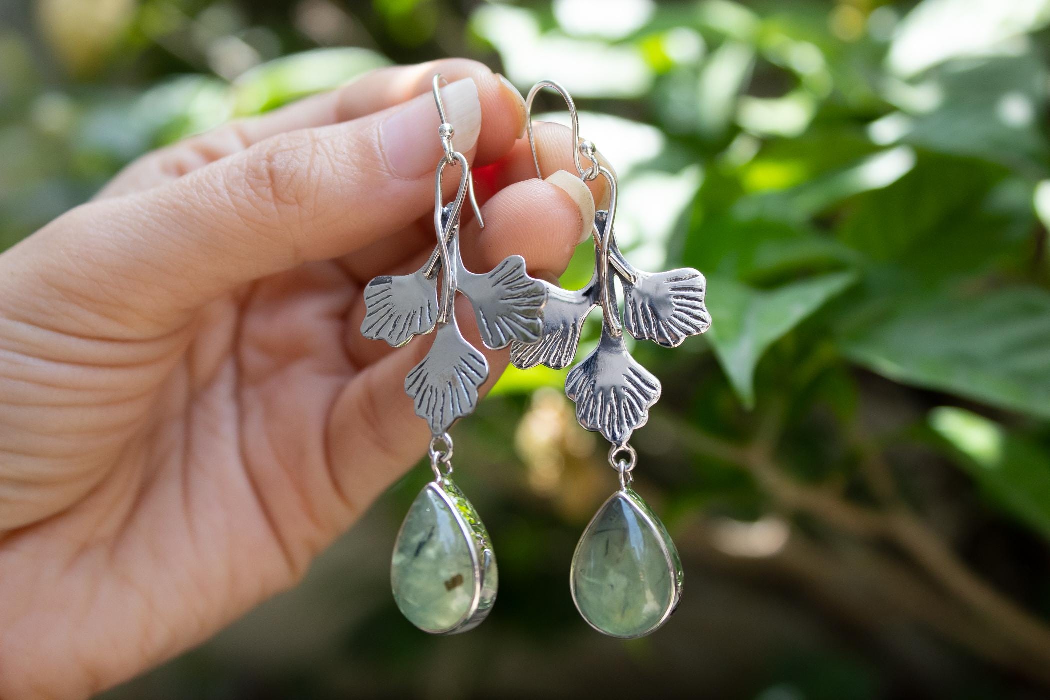 Prehnite Sterling Silver Dangle Earrings, Floral Boho Earrings Prehnite Sterling Silver Dangle Earrings, Floral Boho Earrings