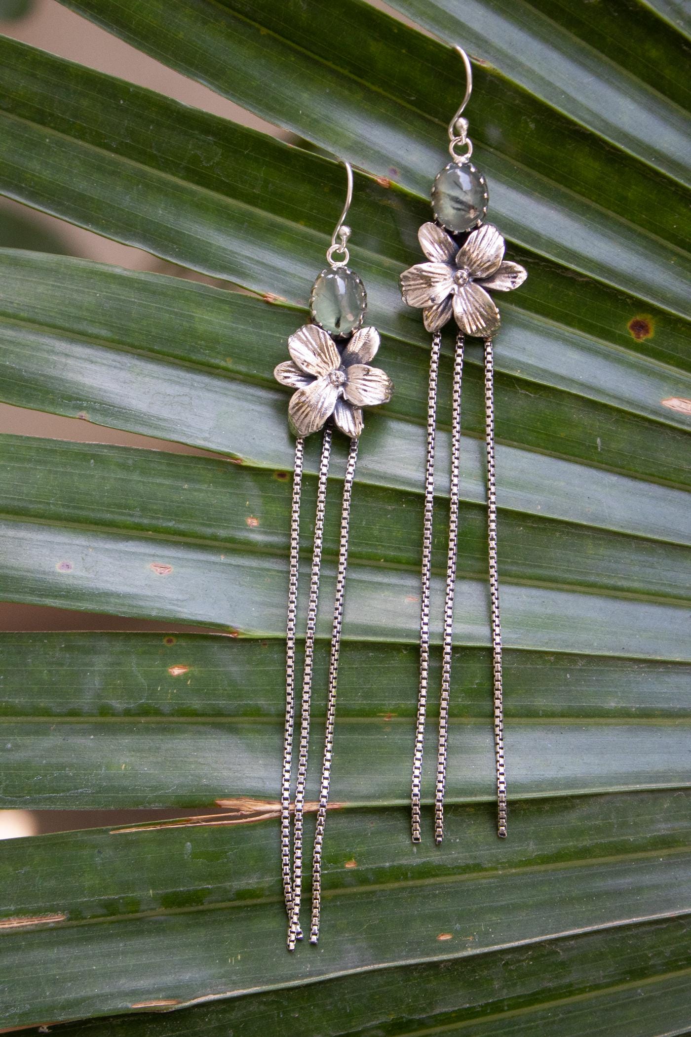 Prehnite Sterling Silver Floral Earrings: Dangle Boho Style Prehnite Sterling Silver Floral Earrings: Dangle Boho Style