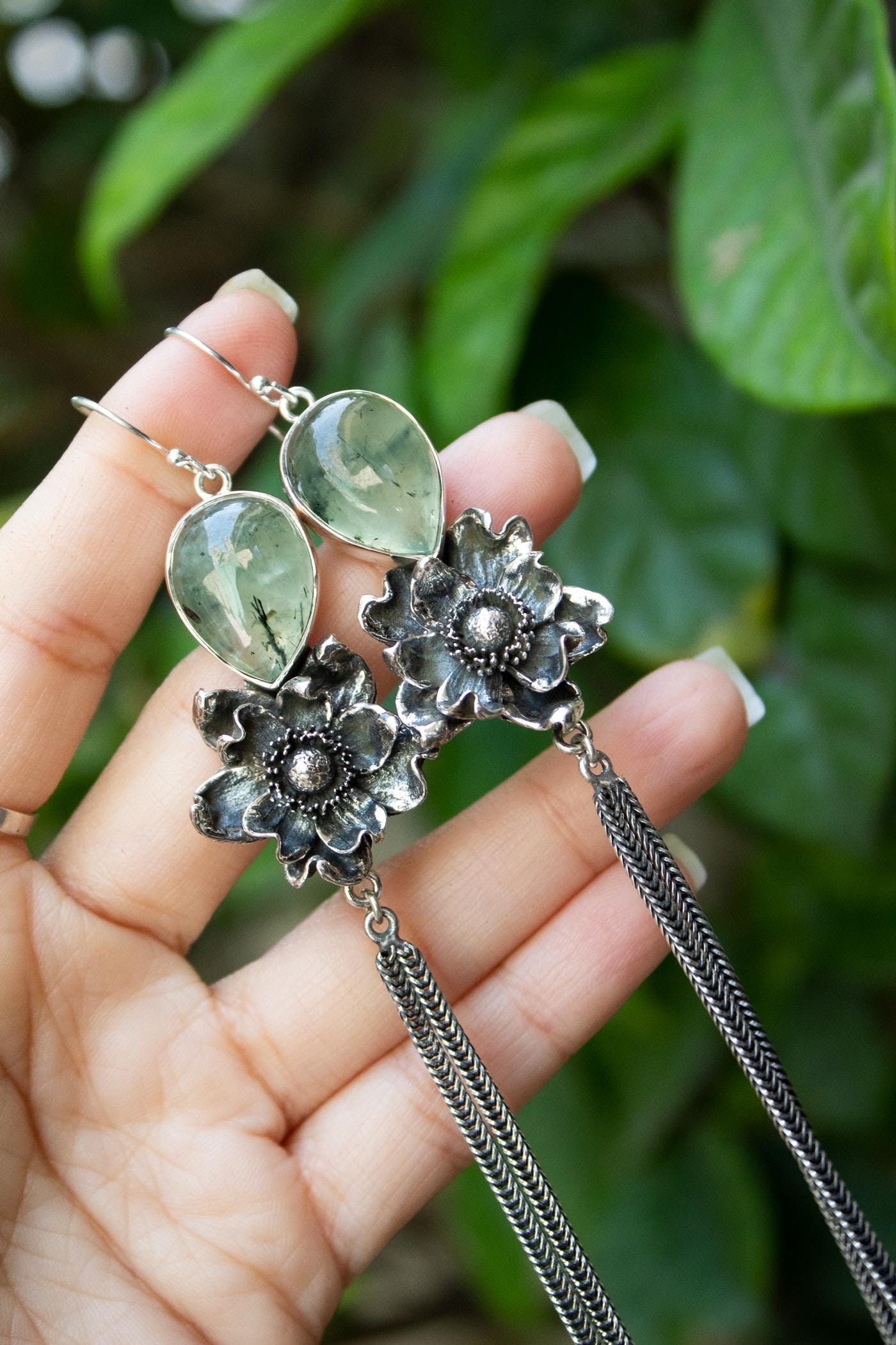 Prehnite Sterling Silver Floral Earrings: Dangle Boho Style