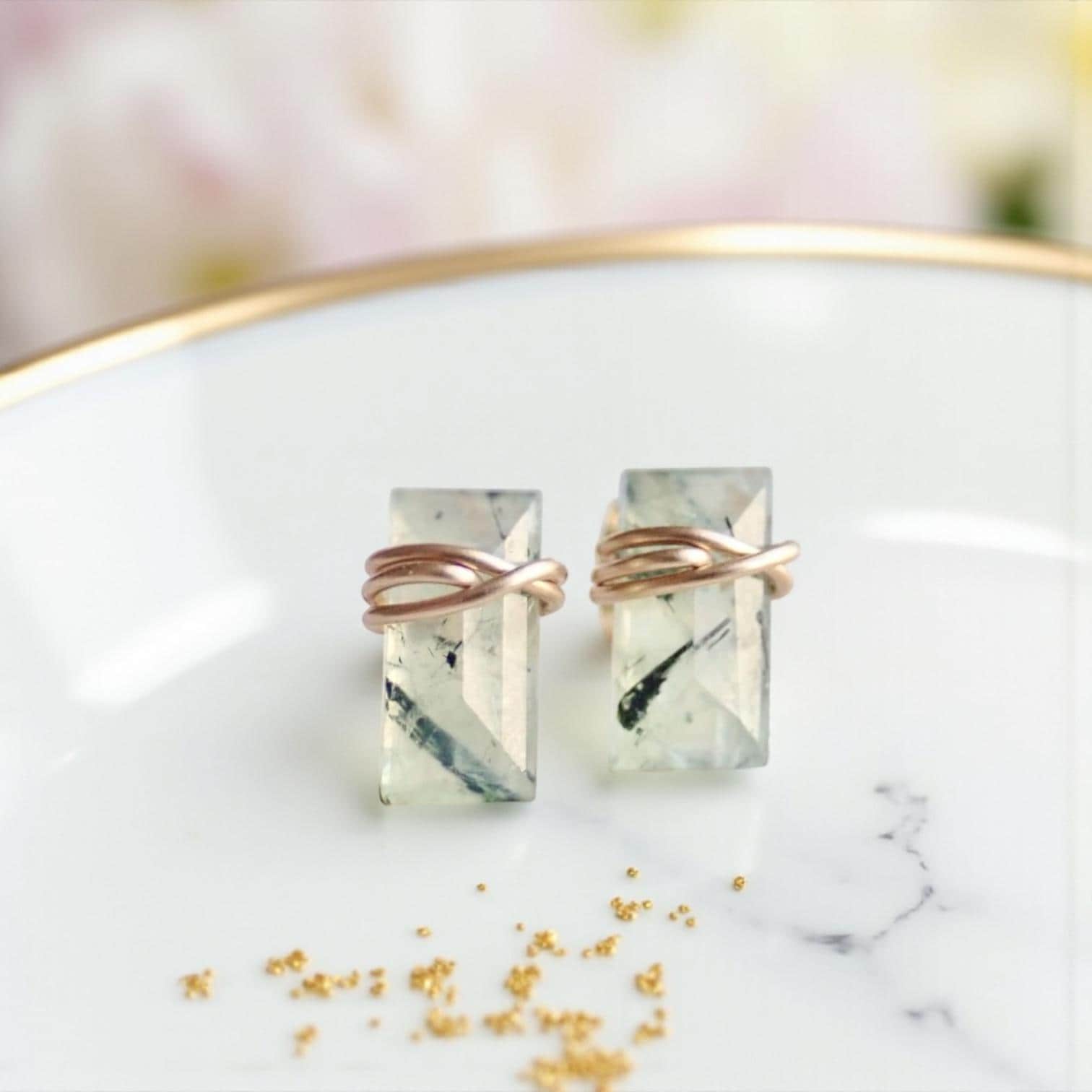 Prehnite Stud Earrings, Wire Wrapped Baguette Gemstone Studs, Rectangle Natural Raw Crystal Earrings, Dainty Silver Gold Jewelry Gift For Her