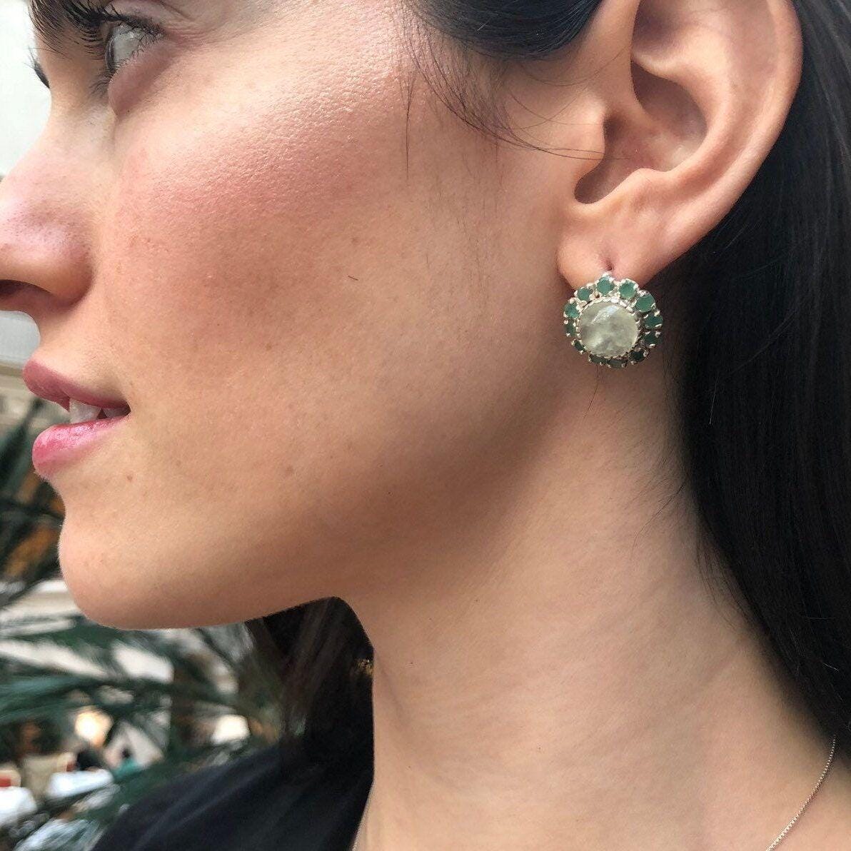 Victorian Earrings, Prehnite Earrings, Flower Earrings, May Birthstone, Green Earrings, Large Studs, Heavy Studs, Silver Earrings