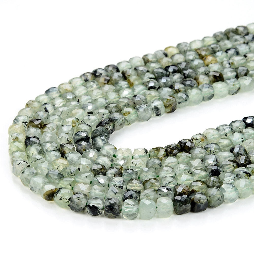 4mm Prehnite Gemstone Grade A Micro Faceted Square Cube Loose Beads (p22)