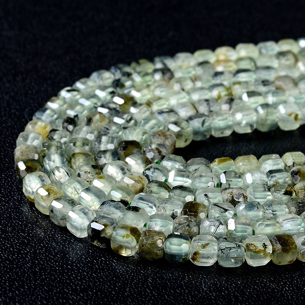 4mm Natural Prehnite Gemstone Grade A Micro Faceted Diamond Cut Cube Loose Beads (p41)