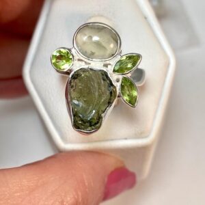 Prehnite Moldavite Peridot Ring: Sterling Silver, Size 8, Reiki