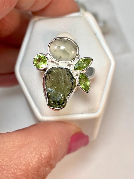 Prehnite Moldavite Peridot Ring: Sterling Silver, Size 8, Reiki