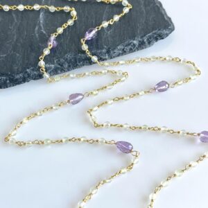 Amethyst and Prehnite Long Necklace, Purple and Sage Green Beaded Necklace in Gold Filled, Dainty lavender Layering Jewelry, gift for Mom