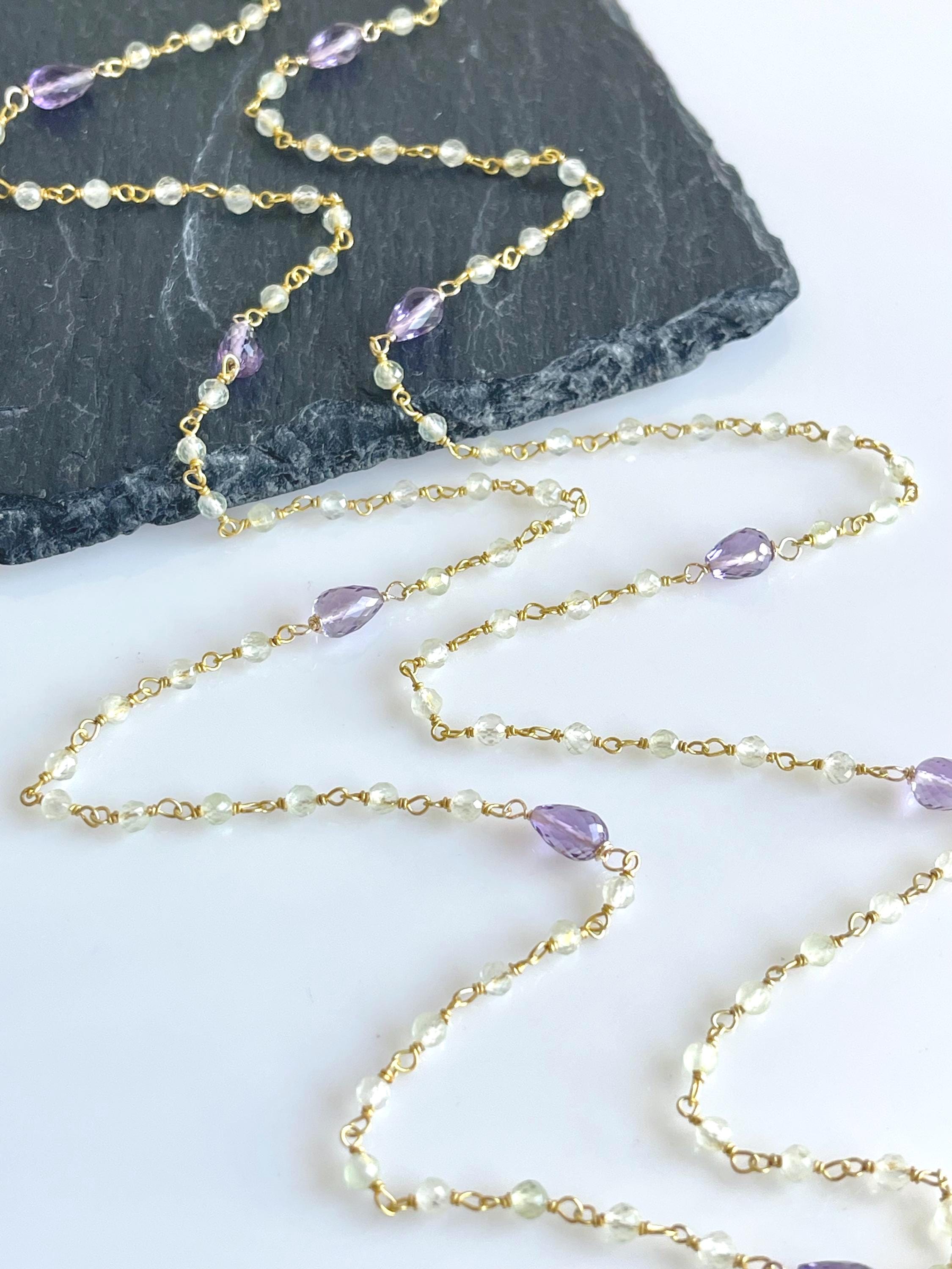 Amethyst And Prehnite Long Necklace, Purple And Sage Green Beaded Necklace In Gold Filled, Dainty Lavender Layering Jewelry, Gift For Mom