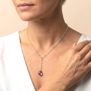 Amethyst and Prehnite Necklace, Purple and Green Beaded Lariat Necklace in Gold, Y Shape Necklace, February Birthstone Jewelry Gift for Mom