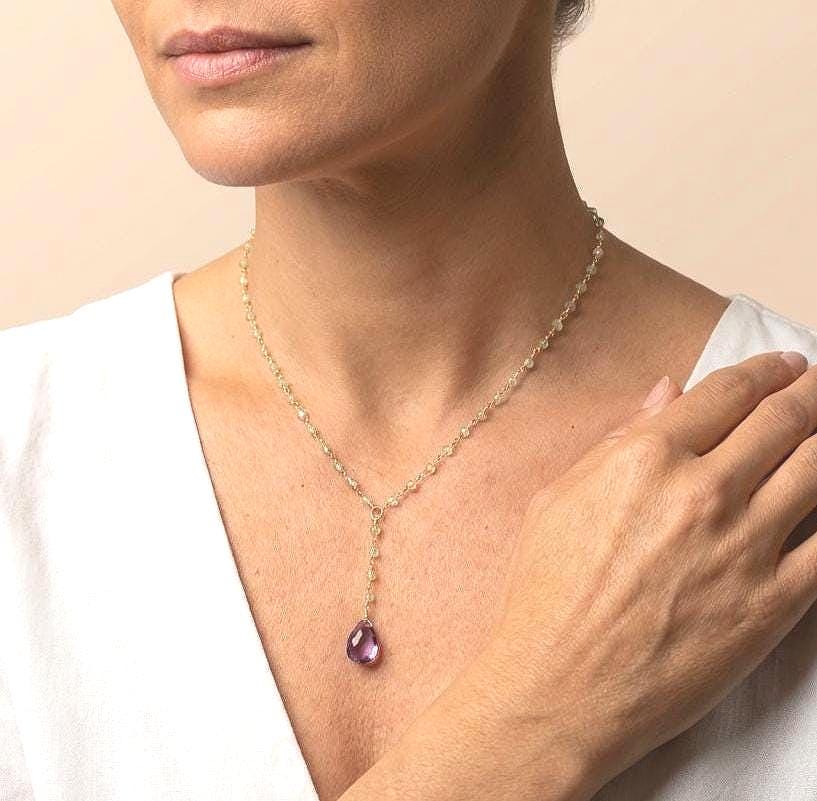 Amethyst And Prehnite Necklace, Purple And Green Beaded Lariat Necklace In Gold, Y Shape Necklace, February Birthstone Jewelry Gift For Mom