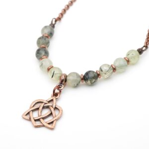 Copper Celtic Heart Necklace With Green Prehnite Beads And Copper Tone Chain, 19 1/2 Inches Long