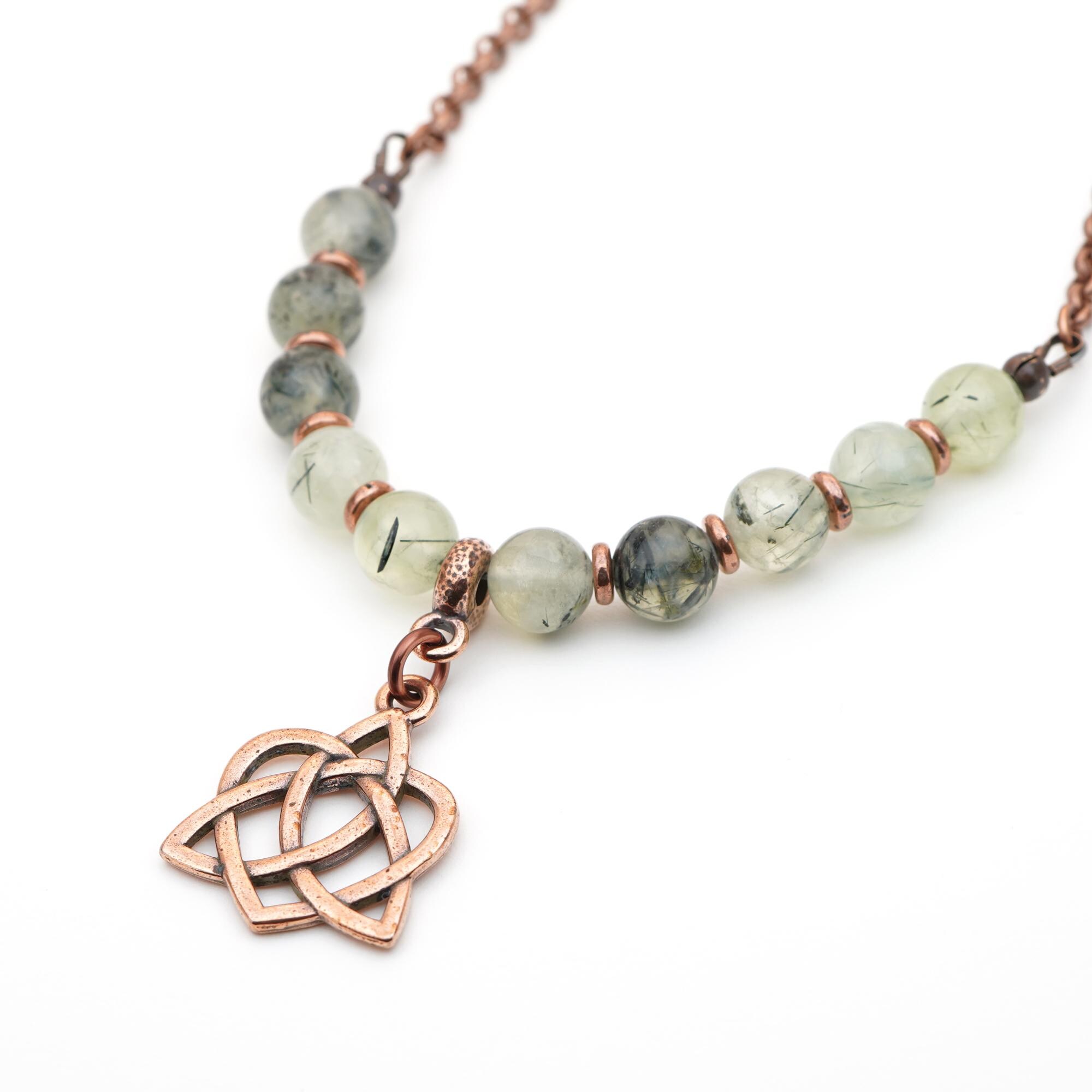 Copper Celtic Heart Necklace With Green Prehnite Beads And Copper Tone Chain, 19 1/2 Inches Long