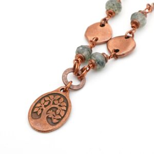 Copper Tree Of Life Necklace With Green Prehnite Beads And Chain, 20 1/4 Inches Long