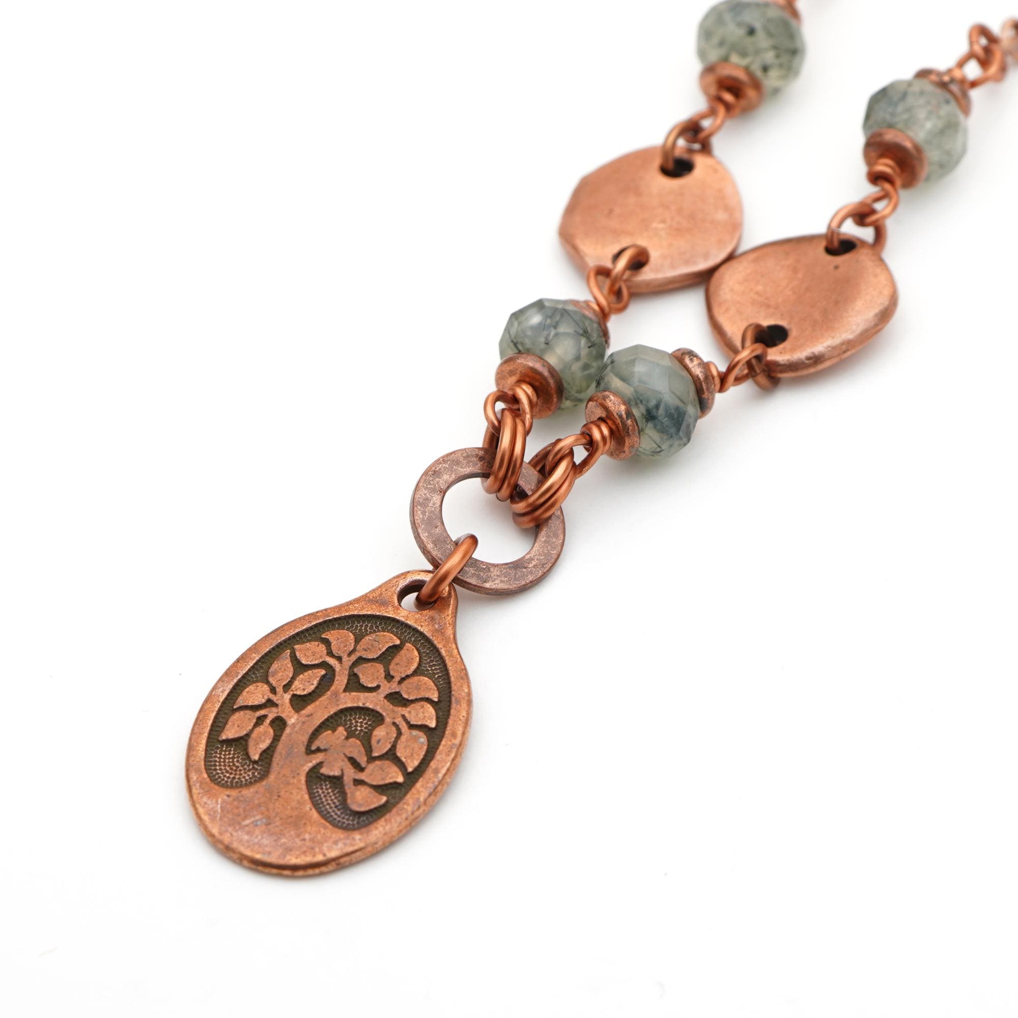 Copper Tree Of Life Necklace With Green Prehnite Beads And Chain, 20 1/4 Inches Long