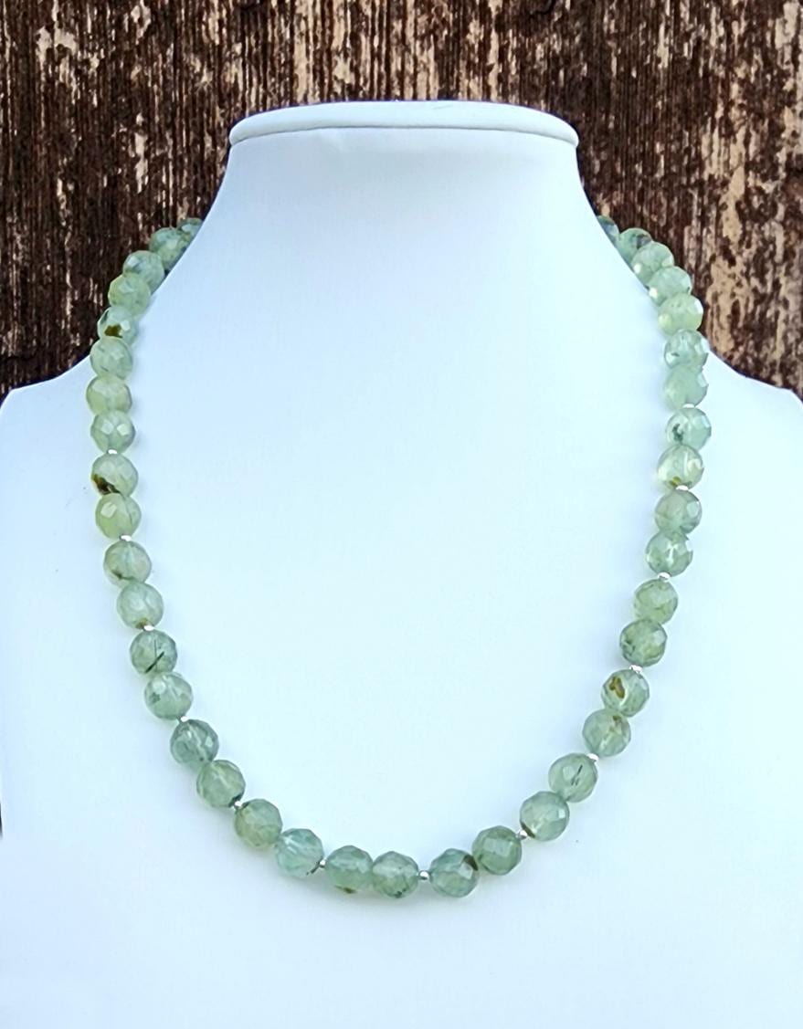 Prehnite Gemstone Beaded Choker Necklace Sterling Silver, Pale Light Green Necklace, 16 Inch Necklace, Spring Summer Gemstone Necklace