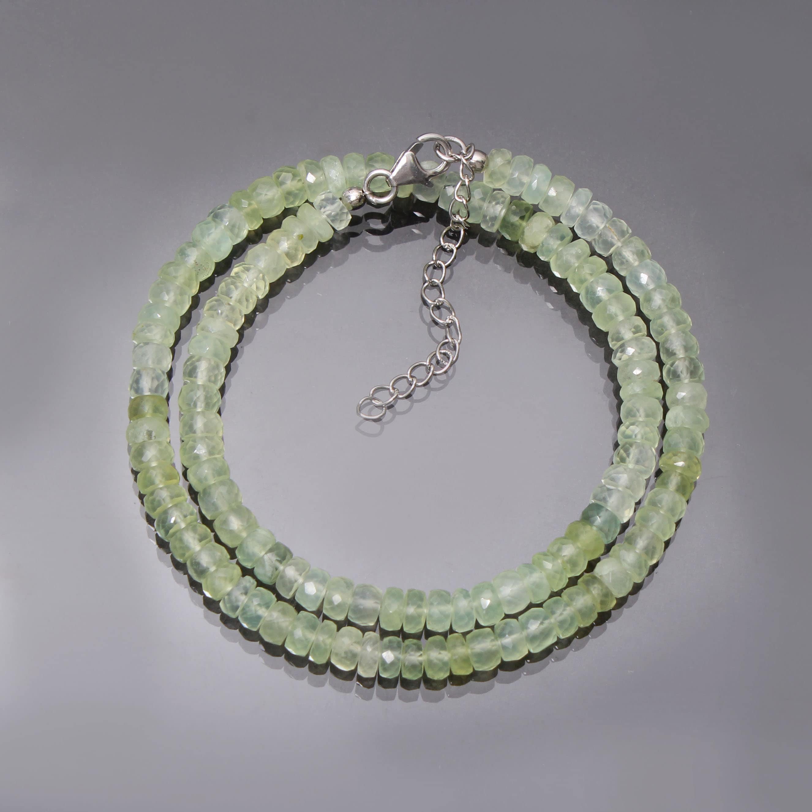 Prehnite Gemstone Necklace, Faceted Roundel Beads, 18 Inch Prehnite Gemstone Necklace, Faceted Roundel Beads, 18 Inch