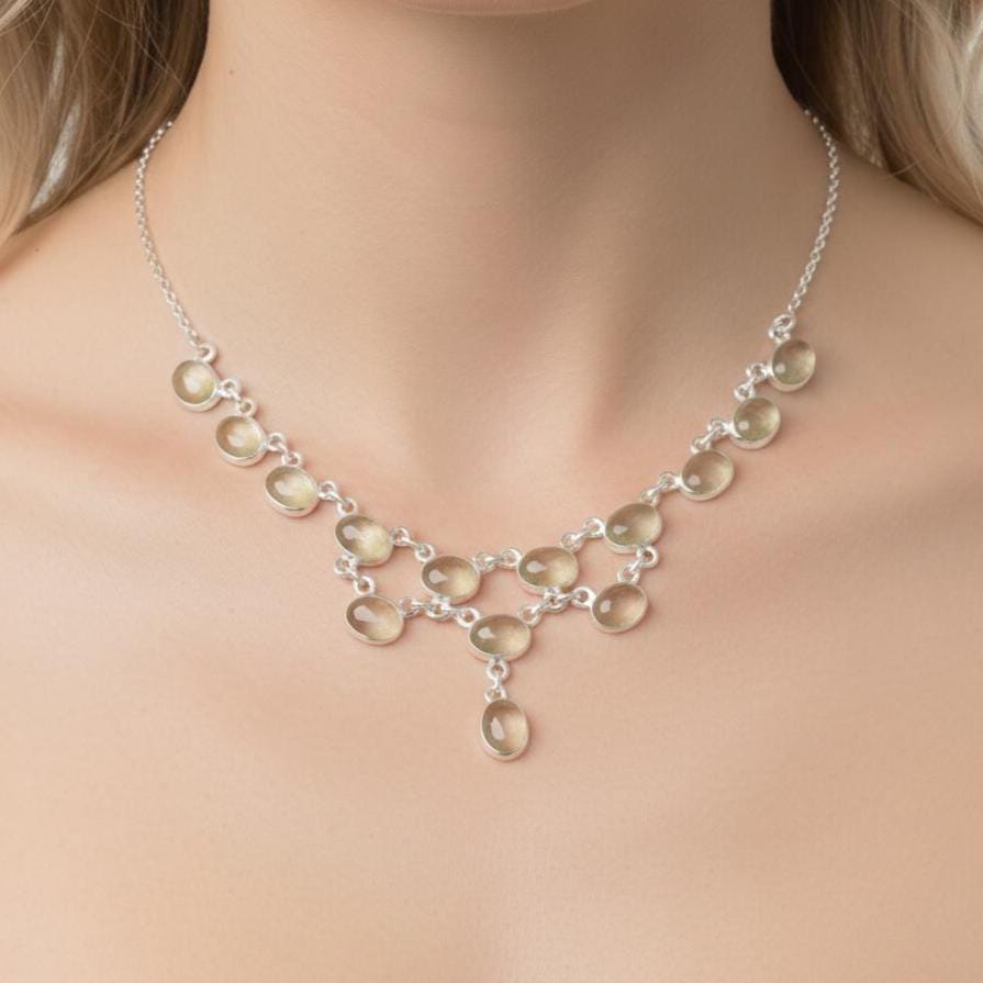 Green Prehnite 925 Sterling Silver Natural Gemstone Necklace – Bezel Set Gemstone Statement Jewelry