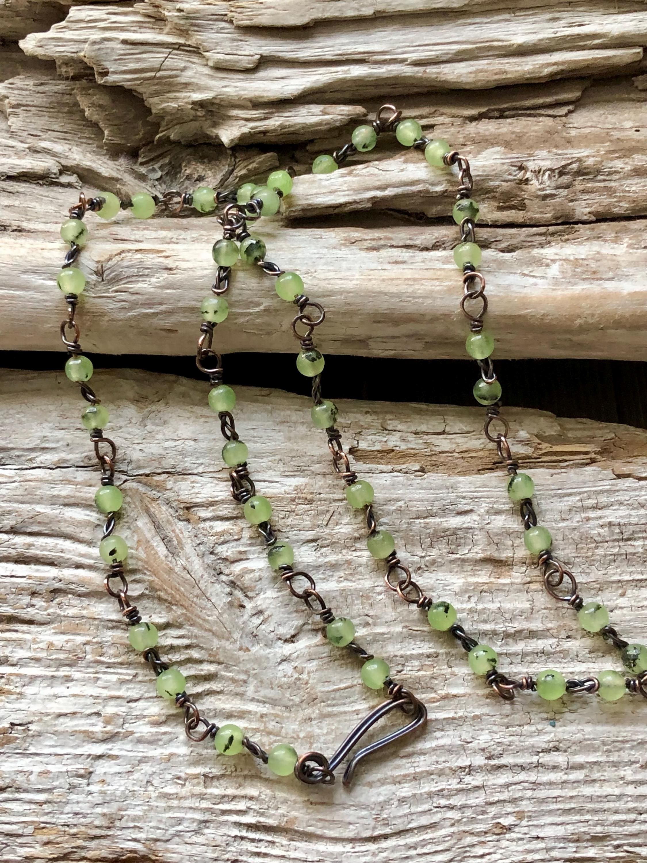 Green Prehnite And Copper Wire Beaded Necklace