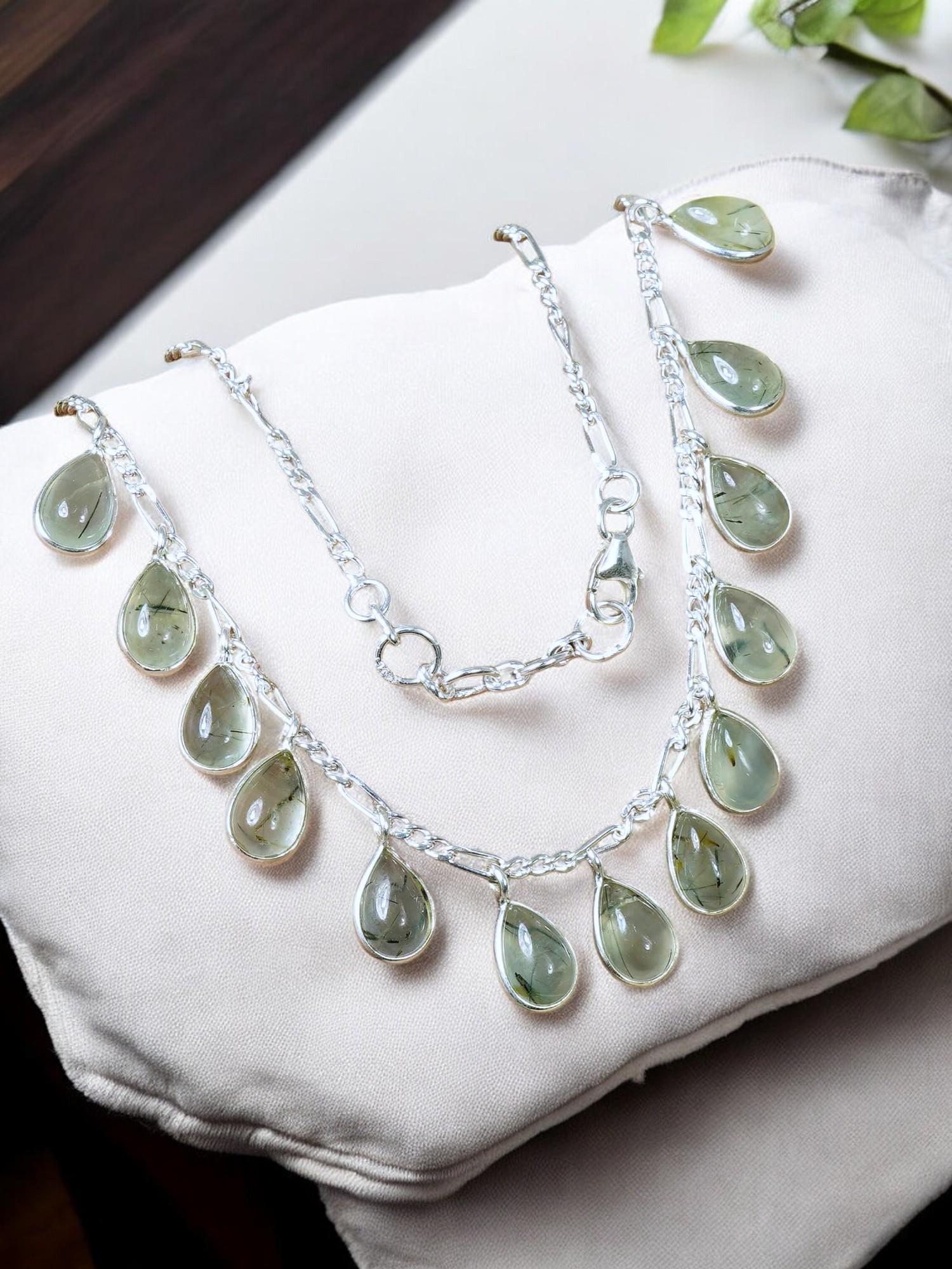 Green Prehnite Sterling Silver Dangle Necklace: Boho Chic Gemstone Jewelry