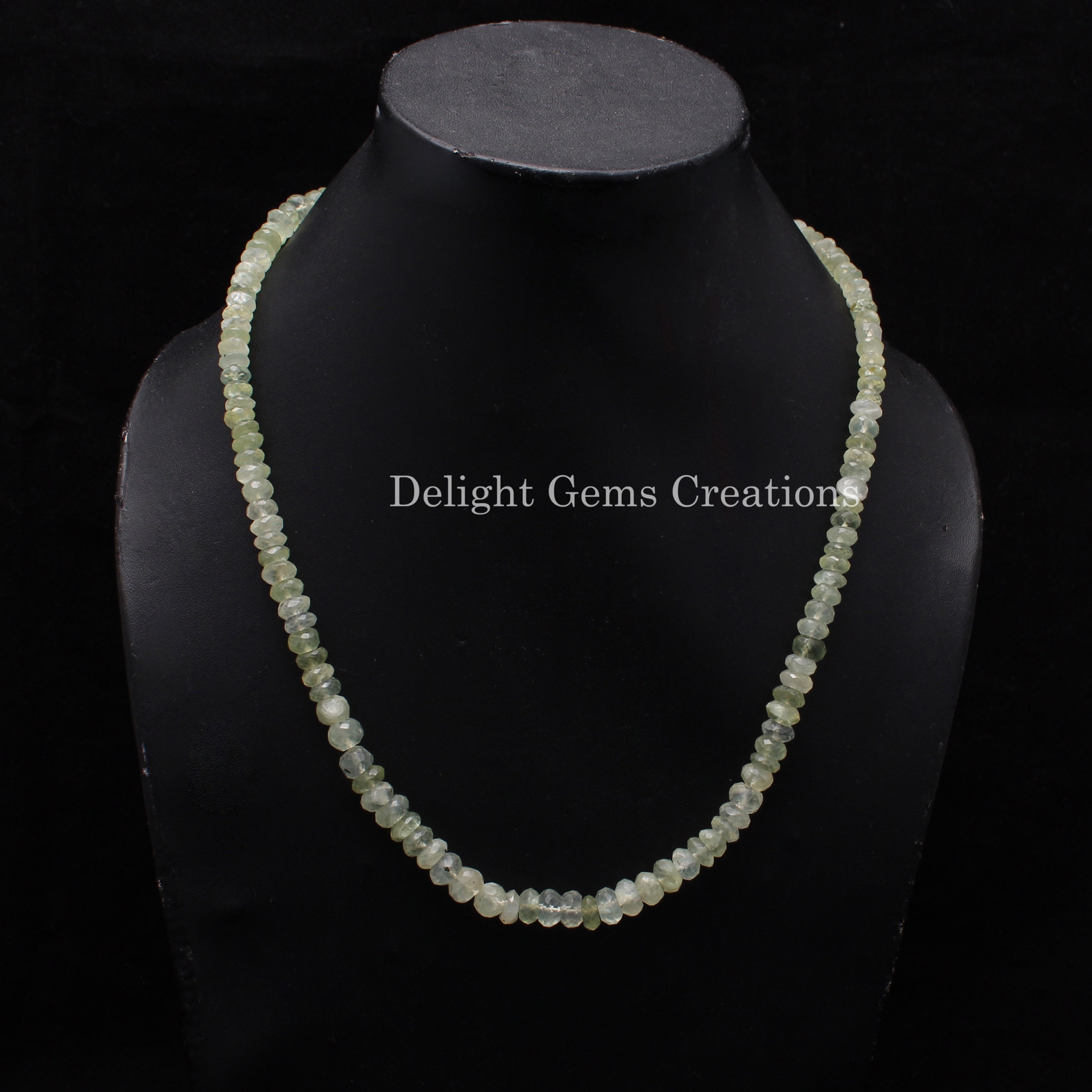 Handmade Prehnite Gemstone Necklace, Faceted Rondelle Beads, 18 Inch Handmade Prehnite Gemstone Necklace, Faceted Rondelle Beads, 18 Inch