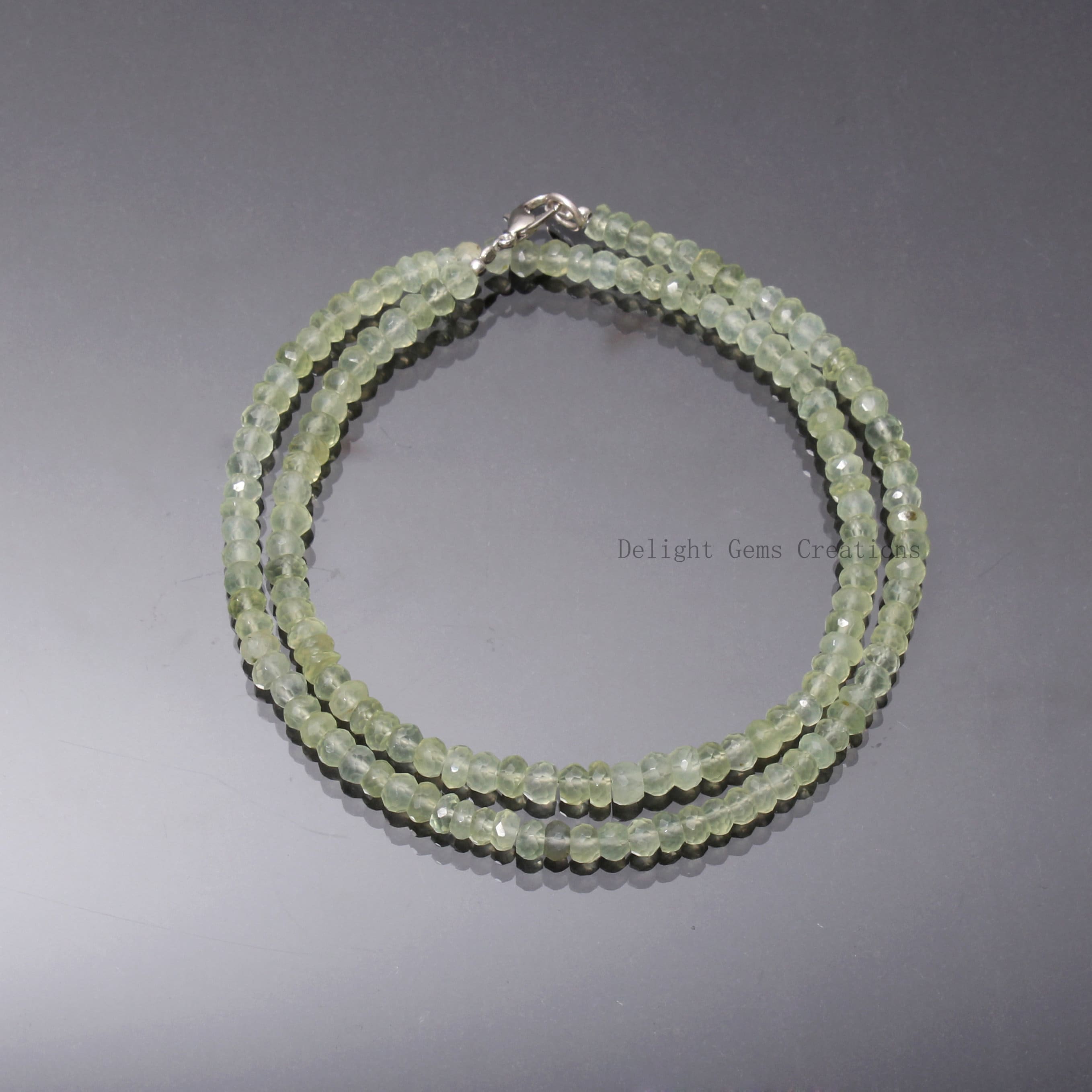 Handmade Prehnite Gemstone Necklace, Faceted Rondelle Beads