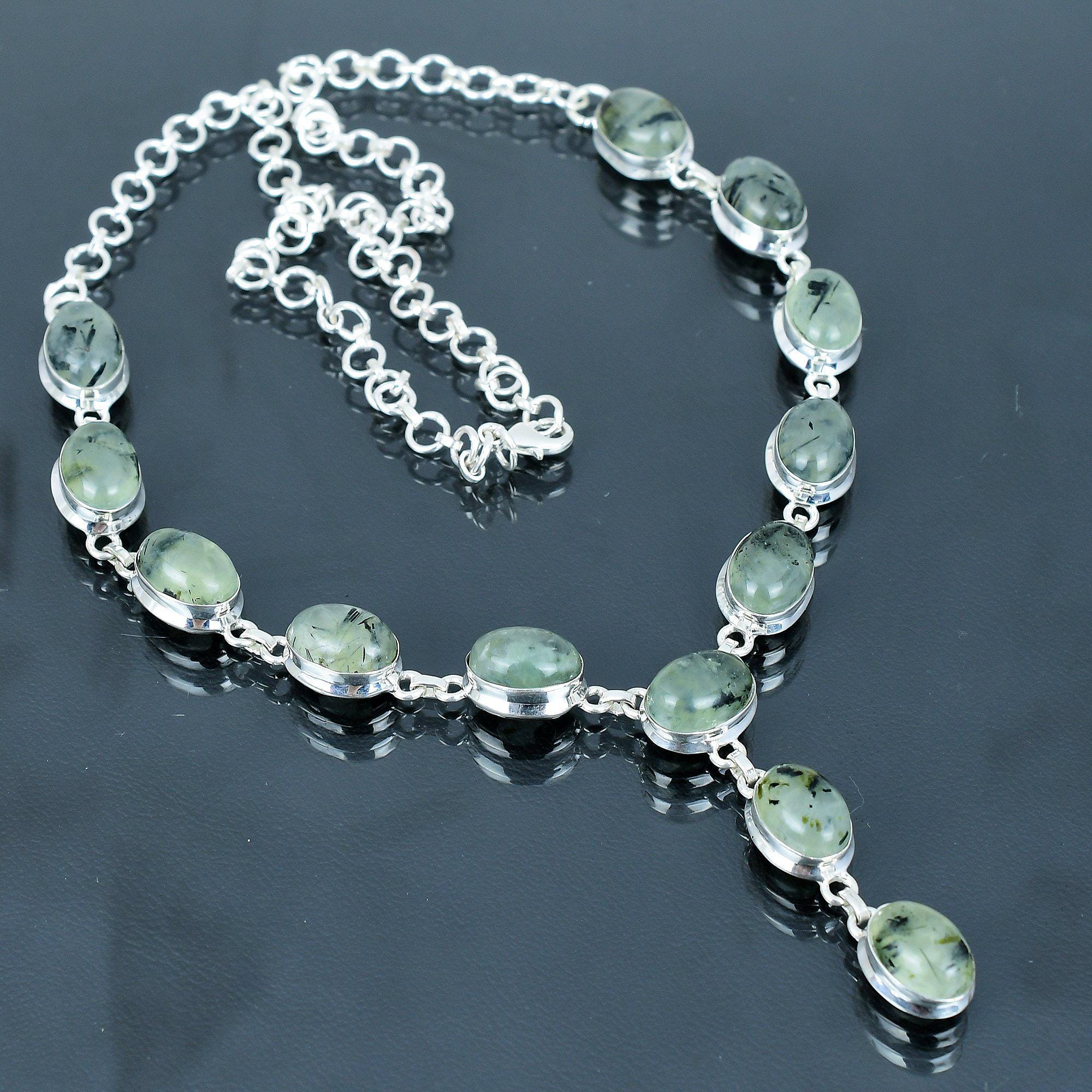 Handmade Moss Prehnite Necklace, 925 Sterling Silver, Adjustable Chain