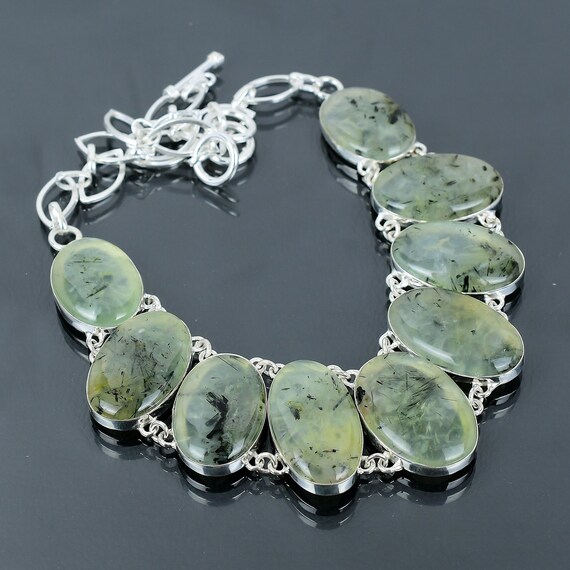 Handmade Moss Prehnite 925 Sterling Silver Necklace - Adjustable Chain
